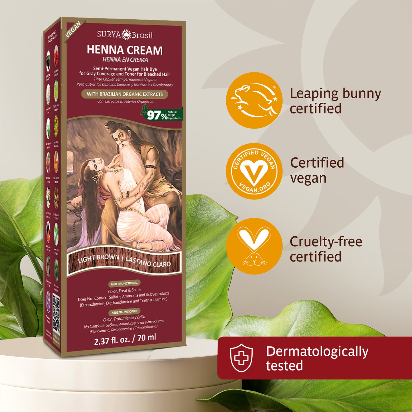 Luxurious Surya Brasil Henna Cream Light Brown 2.37oz box, embodying holistic wellness with Amazonian biodiversity. Natural, gentle hair coloring with eco-conscious, nourishing ingredients.