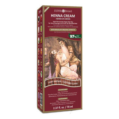 A box of Surya Brasil Henna Cream Light Brown, 2.37 fl. oz., blending Ayurvedic principles with Amazon biodiversity for vibrant, natural hair coloring and care.