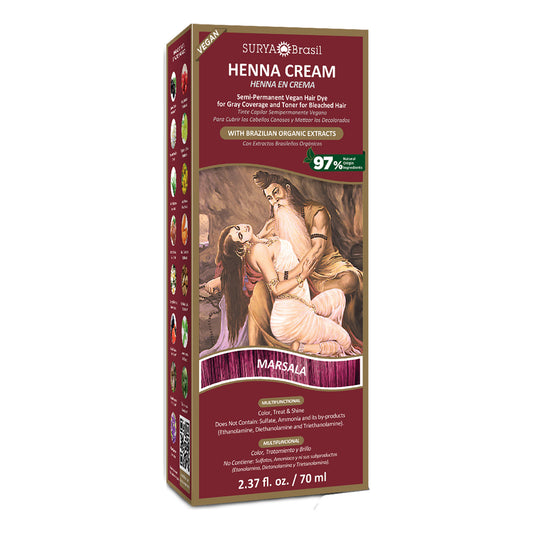Surya Brasil Henna Cream Marsala box featuring a painting of a woman and a man, emphasizing natural, eco-friendly hair care with botanical extracts.