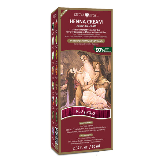 A box of Surya Brasil Henna Cream Red, 2.37oz, blending Ayurvedic wisdom and Amazonian biodiversity for vibrant, natural hair coloring and care.