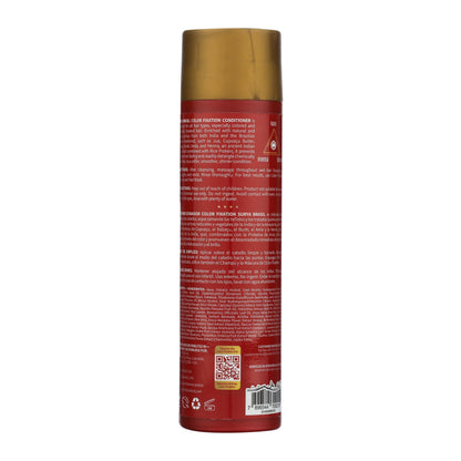 Surya Brasil Color Fixation Restorative Conditioner bottle showcasing usage instructions, ingredient list, and barcode, highlighting its nourishing, color-protecting formula for vibrant, healthy hair.