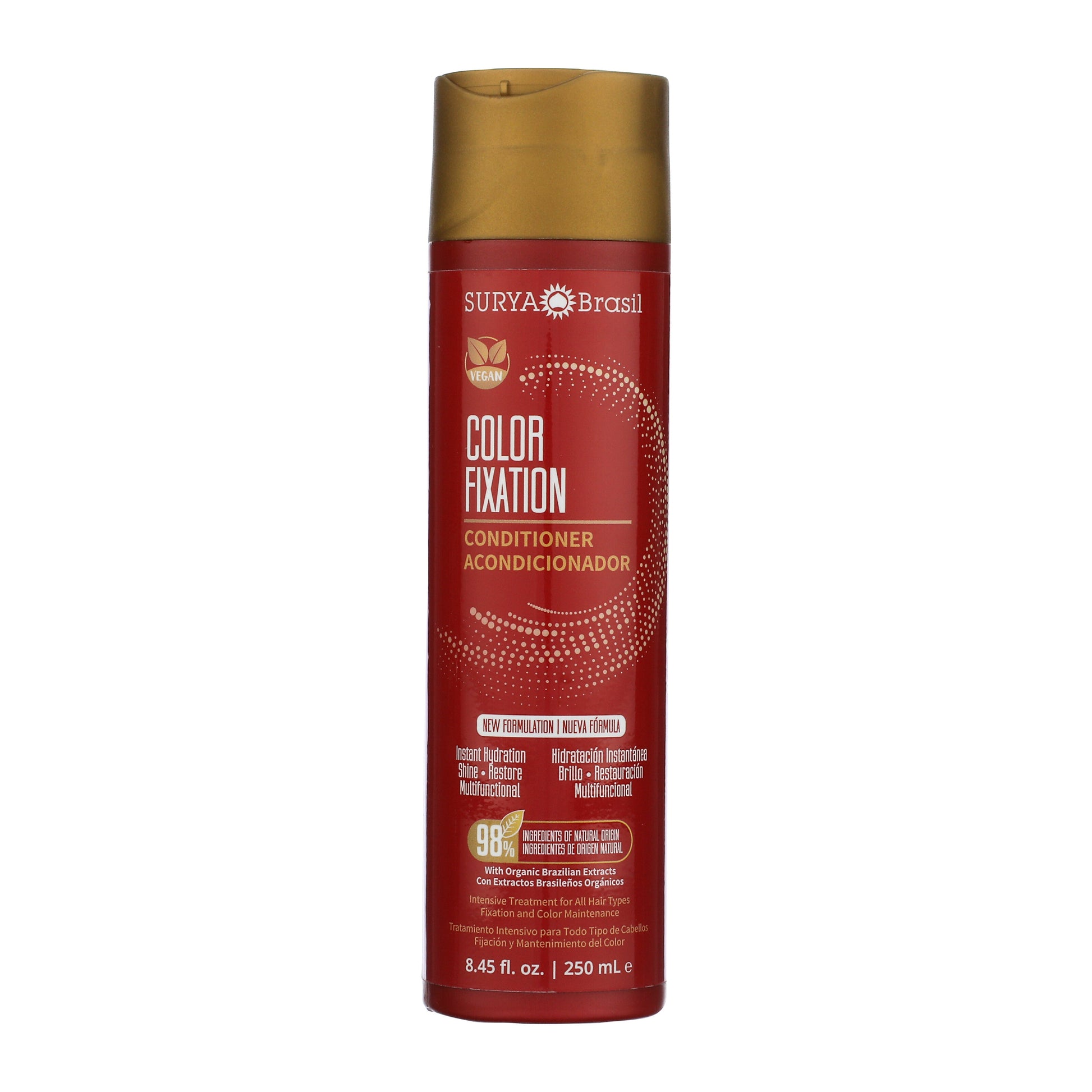 Surya Brasil Color Fixation Restorative Conditioner in a red 250mL bottle with gold cap, formulated for color-treated hair, offering hydration, detangling, and color protection.