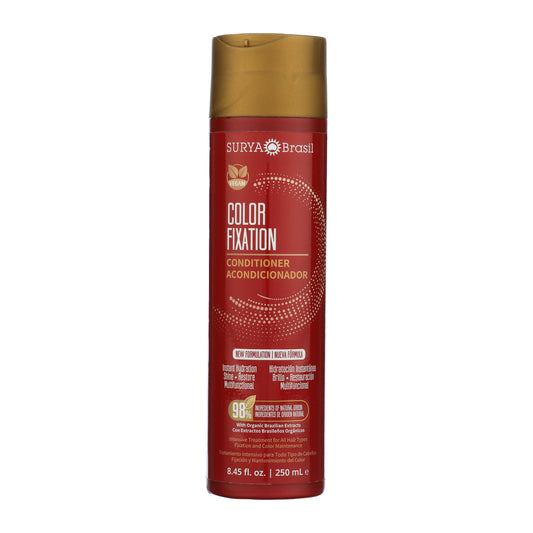 Surya Brasil Color Fixation Restorative Conditioner in a red 250mL bottle with gold cap, formulated for color-treated hair, offering hydration, detangling, and color protection.