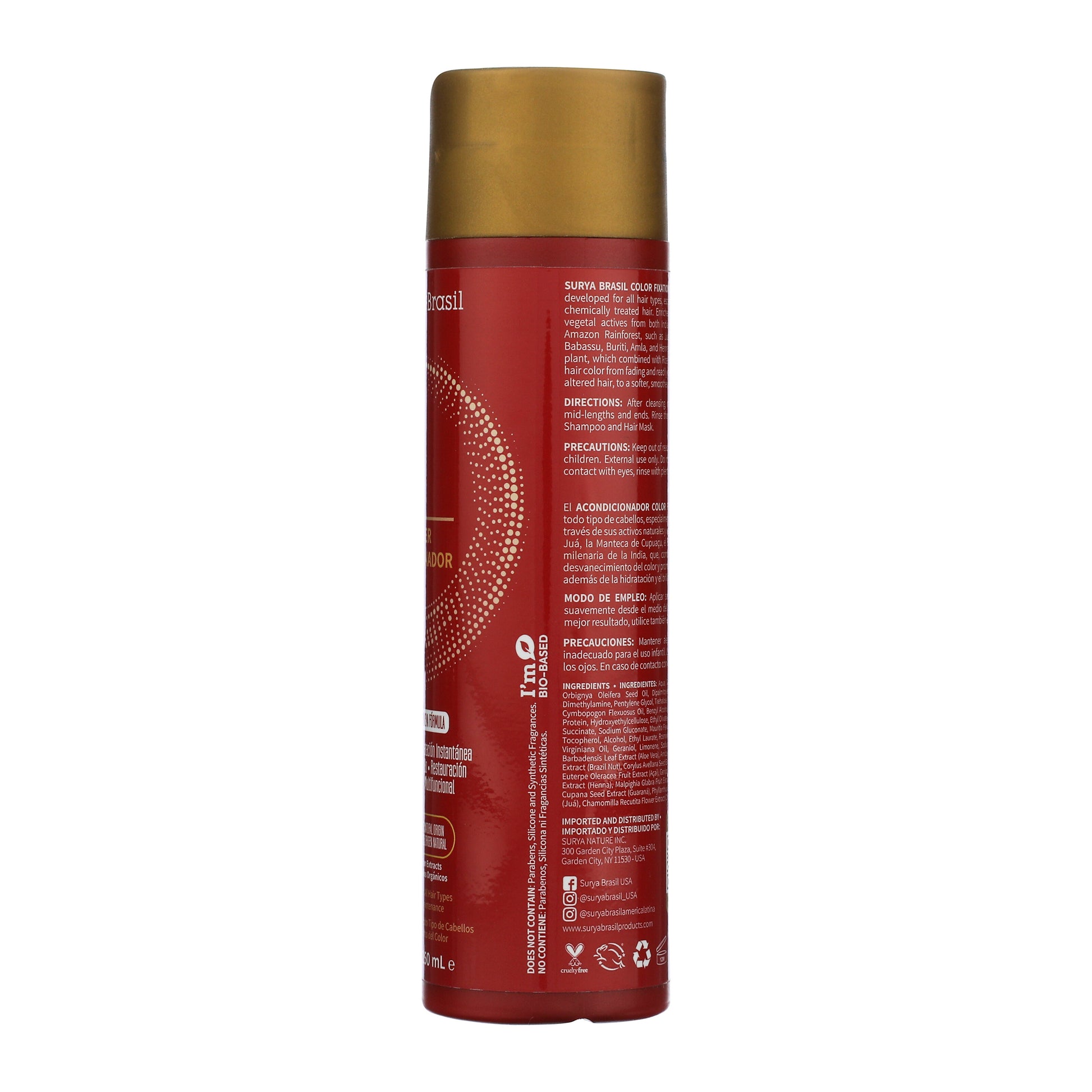 Color Fixation Restorative Conditioner: Tall, cylindrical bottle with side panel showing usage instructions, ingredients, and benefits for moisturizing and protecting color-treated hair.