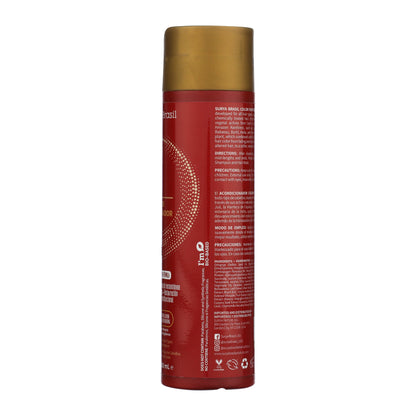 Color Fixation Restorative Conditioner: Tall, cylindrical bottle with side panel showing usage instructions, ingredients, and benefits for moisturizing and protecting color-treated hair.