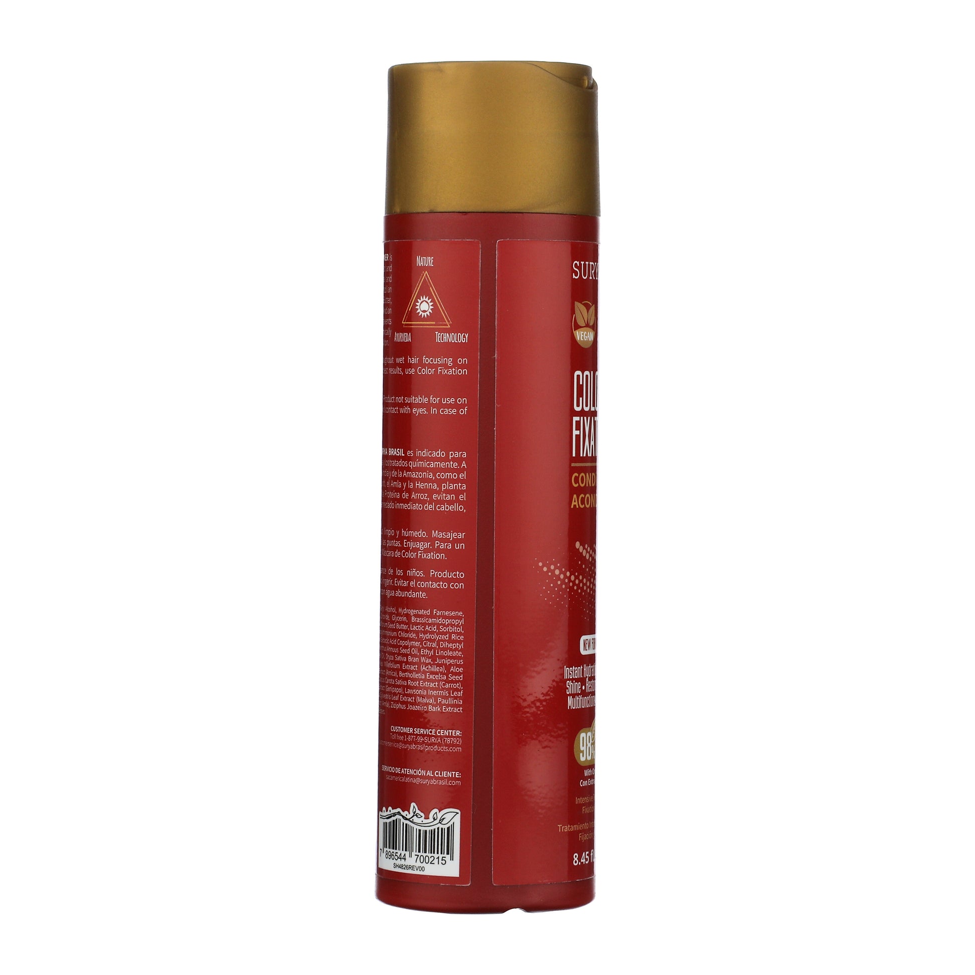 Color Fixation Conditioner bottle by Surya Brasil, featuring vegan formula for color protection, hydration, and detangling. Visible label with instructions and ingredients.
