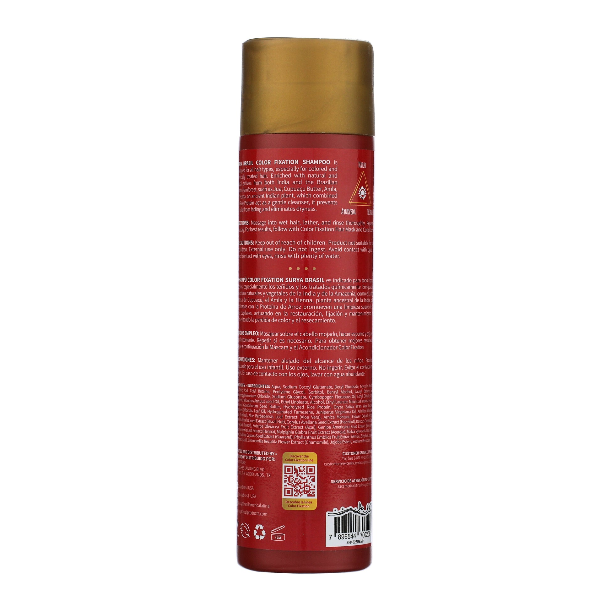 Color Fixation Restorative Shampoo by Surya Brasil, red bottle with gold cap, features plant-based ingredients and directions for use on label.