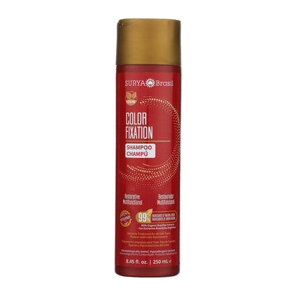 Tall red bottle of Surya Brasil Color Fixation Restorative Shampoo, 8.45 oz, vegan, for color-treated hair, features natural ingredients for gentle cleansing and color protection.