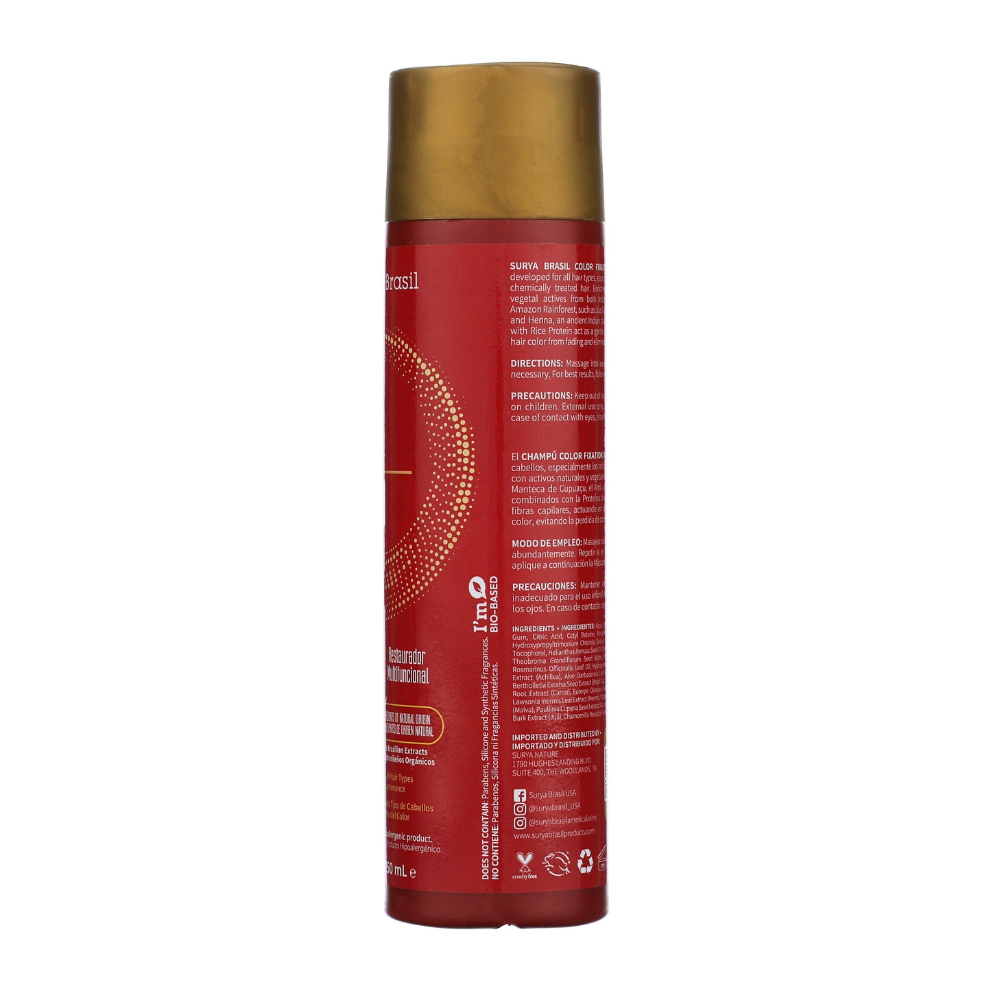Color Fixation Restorative Shampoo by Surya Brasil in a deep red 180mL bottle with a gold flip-top, featuring color-protecting plant-based formula.