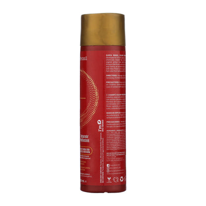 Color Fixation Restorative Shampoo by Surya Brasil in a deep red 180mL bottle with a gold flip-top, featuring color-protecting plant-based formula.