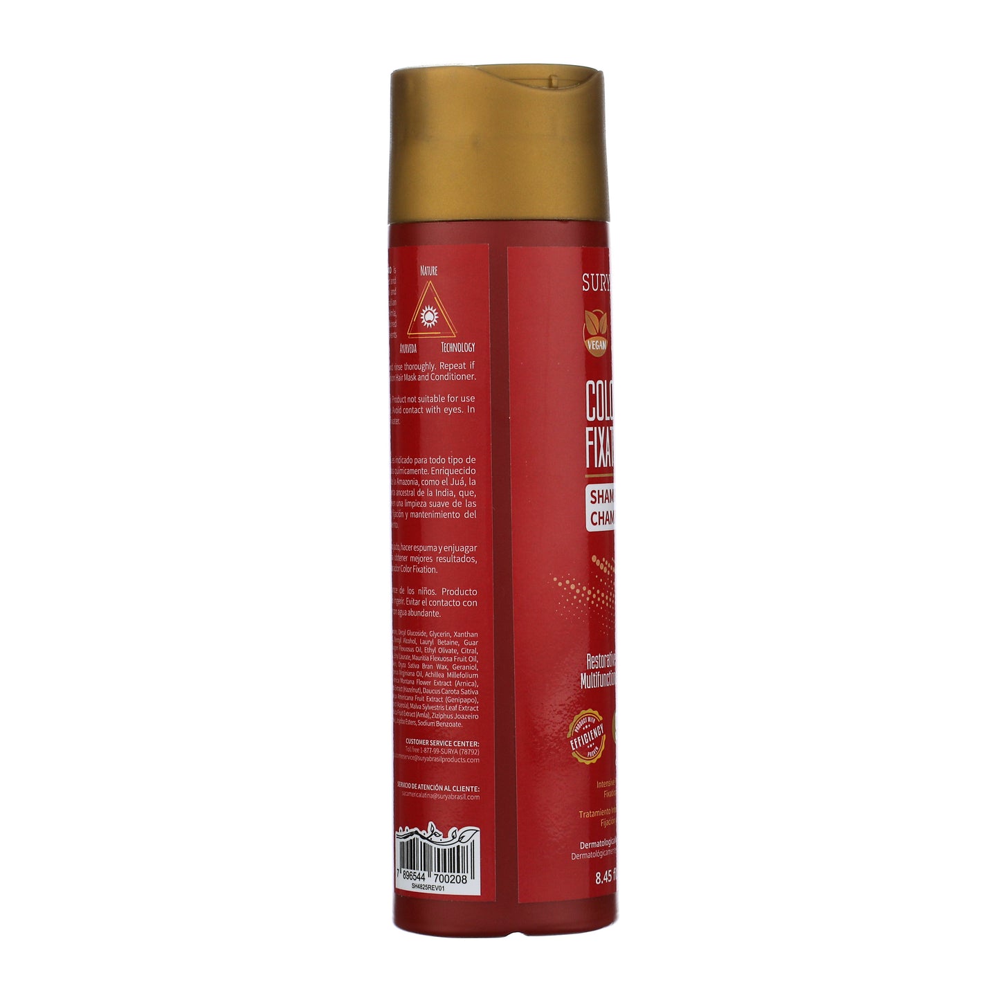 Color Fixation Restorative Shampoo in a red bottle with a gold cap, vegan icon visible; designed for color protection and gentle cleansing of hair.