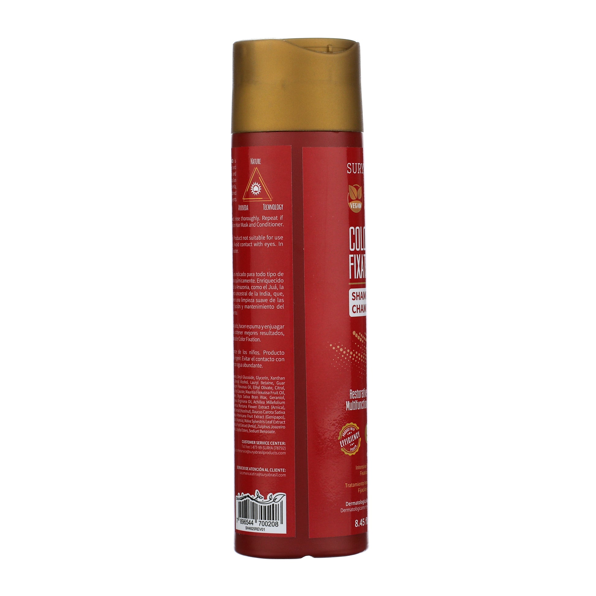 Color Fixation Restorative Shampoo in a red bottle with a gold cap, vegan icon visible; designed for color protection and gentle cleansing of hair.