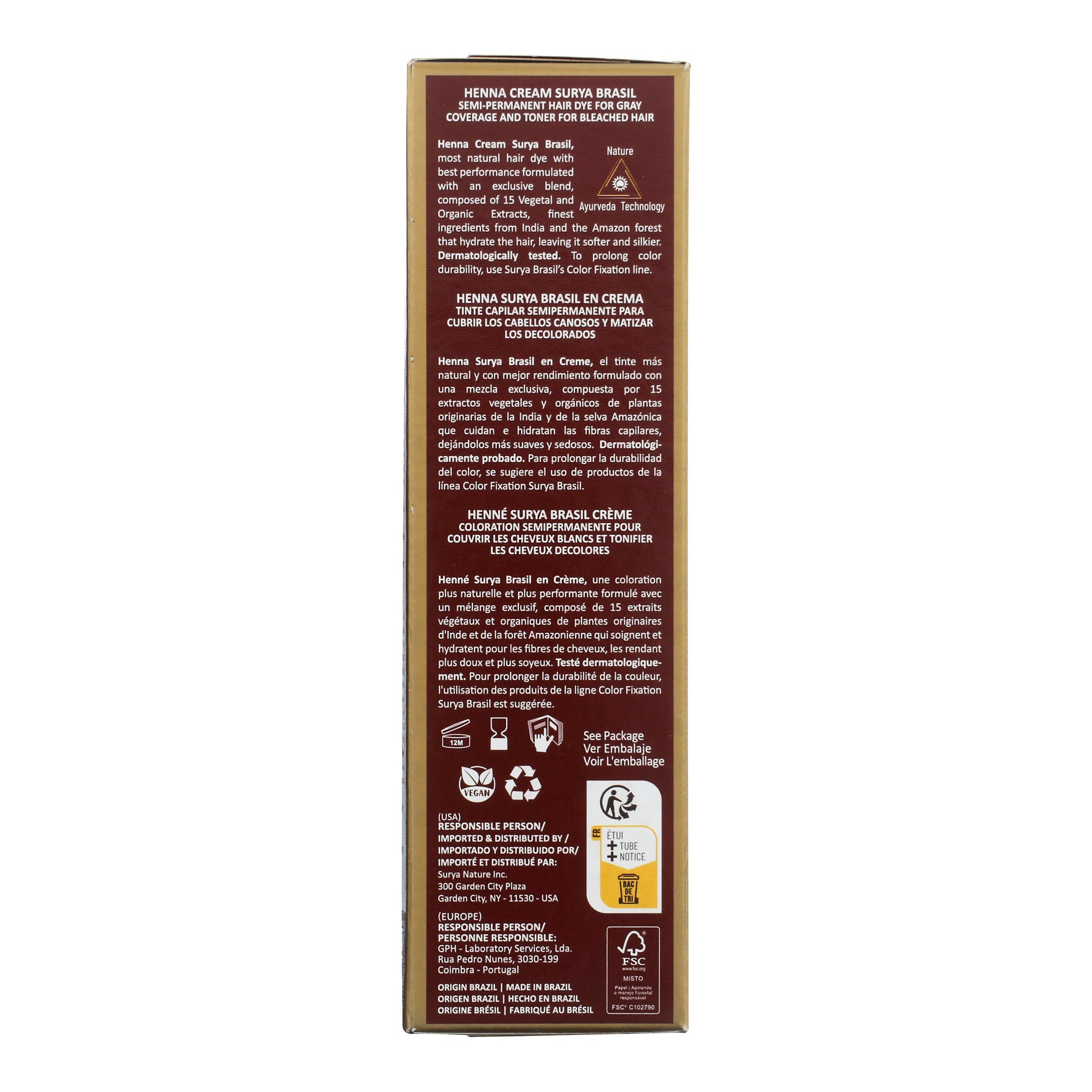 Surya Brasil Henna Cream Swedish Blonde box back, detailing its semi-permanent, vegan dye with organic extracts, Ayurvedic formulation, and eco-friendly certifications. 