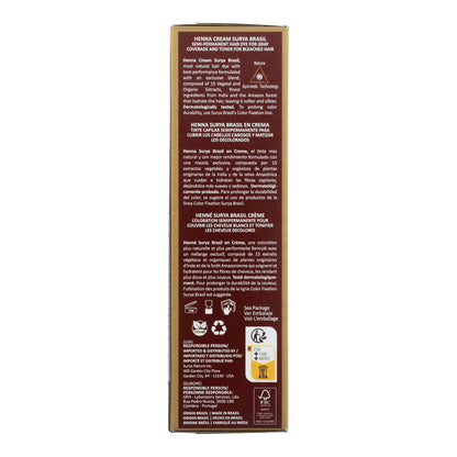 Surya Brasil Henna Cream Swedish Blonde box back, detailing its semi-permanent, vegan dye with organic extracts, Ayurvedic formulation, and eco-friendly certifications. 