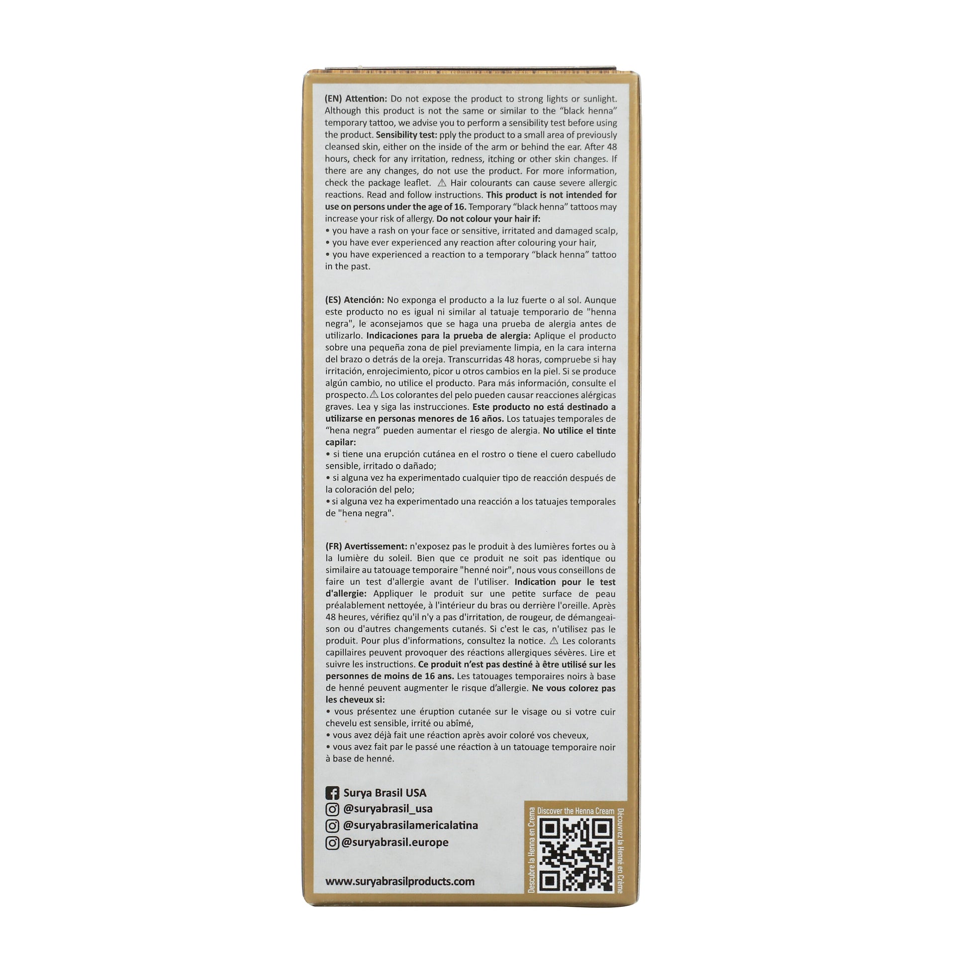 Back of Surya Brasil Henna Cream Ash Blonde box displaying safety warnings in English, Spanish, French, social media handles, QR code, and website.