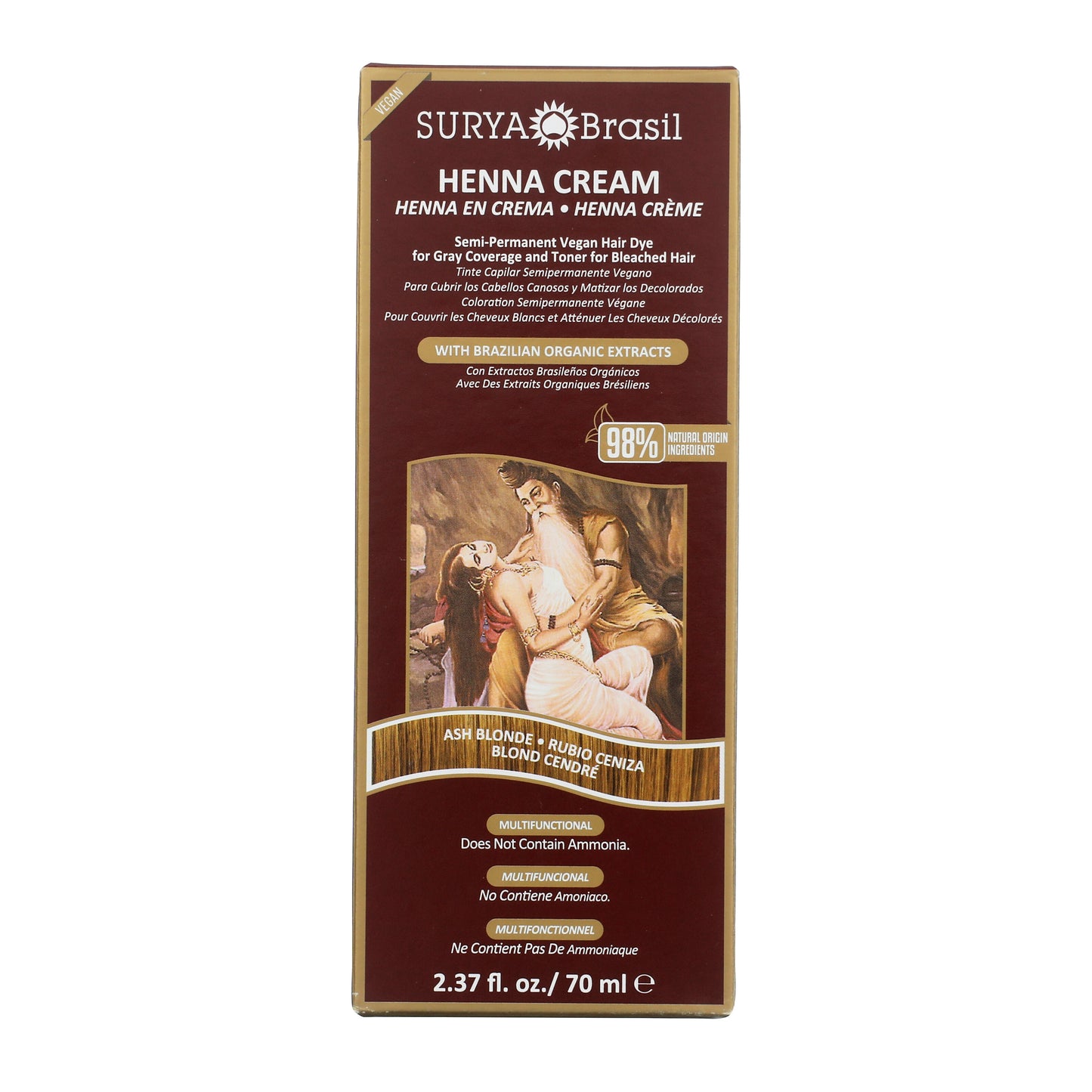 Surya Brasil Henna Cream Ash Blonde box, 70 ml tube, semi-permanent vegan hair dye with 98% natural ingredients for gray coverage and toning bleached hair.