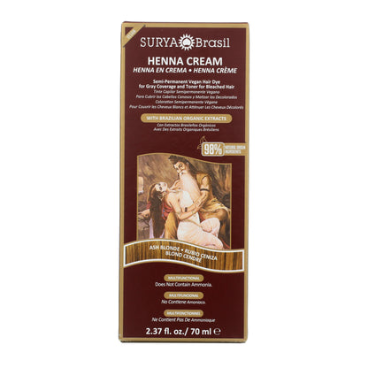 Surya Brasil Henna Cream Ash Blonde box, 70 ml tube, semi-permanent vegan hair dye with 98% natural ingredients for gray coverage and toning bleached hair.