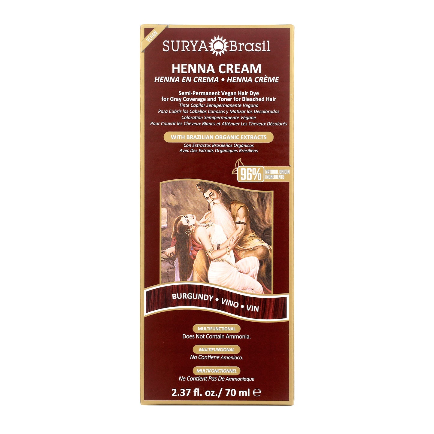 Surya Brasil Henna Cream Burgundy box featuring Ayurvedic art, emphasizes gray coverage and nourishment with vegan, semi-permanent formula, 96% natural ingredients, no ammonia.