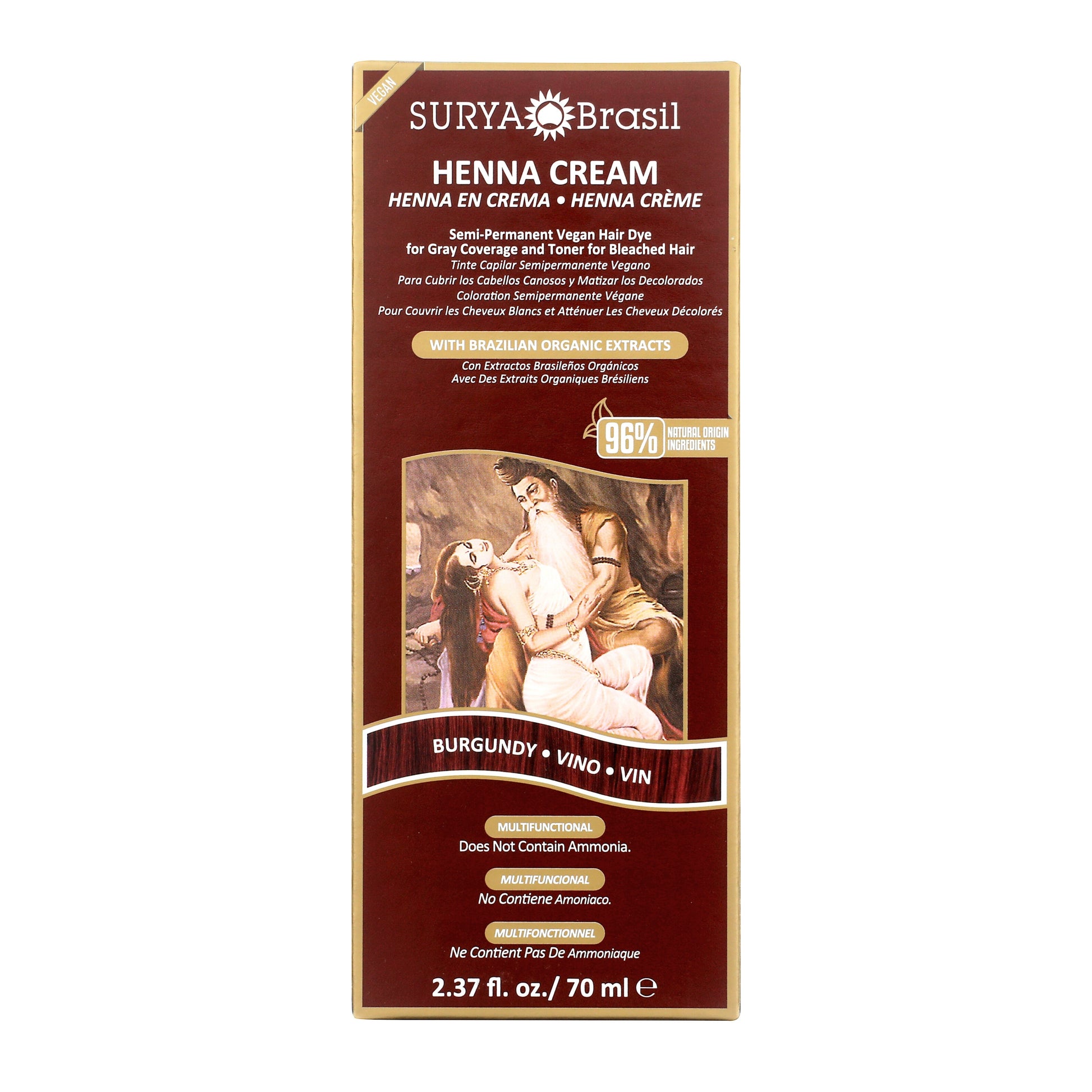 Surya Brasil Henna Cream Burgundy box featuring Ayurvedic art, emphasizes gray coverage and nourishment with vegan, semi-permanent formula, 96% natural ingredients, no ammonia.
