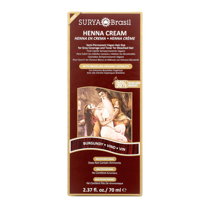 Surya Brasil Henna Cream Burgundy box featuring Ayurvedic art, emphasizes gray coverage and nourishment with vegan, semi-permanent formula, 96% natural ingredients, no ammonia.