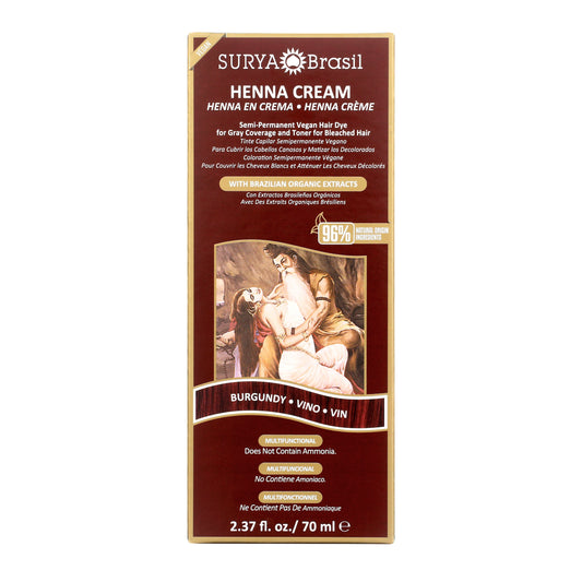 Surya Brasil Henna Cream Burgundy box featuring Ayurvedic art, emphasizes gray coverage and nourishment with vegan, semi-permanent formula, 96% natural ingredients, no ammonia.