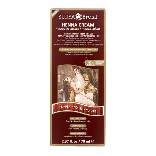 Front of “SURYA Brasil” Henna Cream box, Copper shade, highlighting 98% natural ingredients, vegan, ammonia-free, for gray coverage or bleached hair toning, 2.37 fl oz tube.