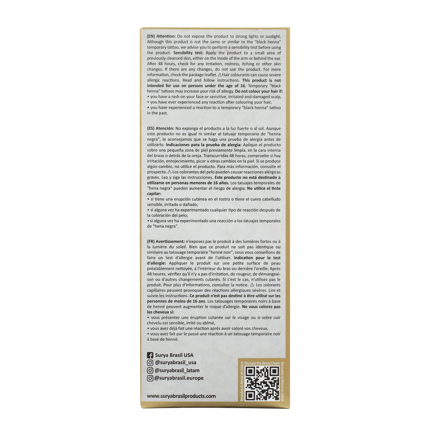 Henna Cream Dark Brown back panel with multi-language instructions and warnings, brand social-media handles, website, QR code, and product details emphasizing natural ingredients and eco-friendly benefits.