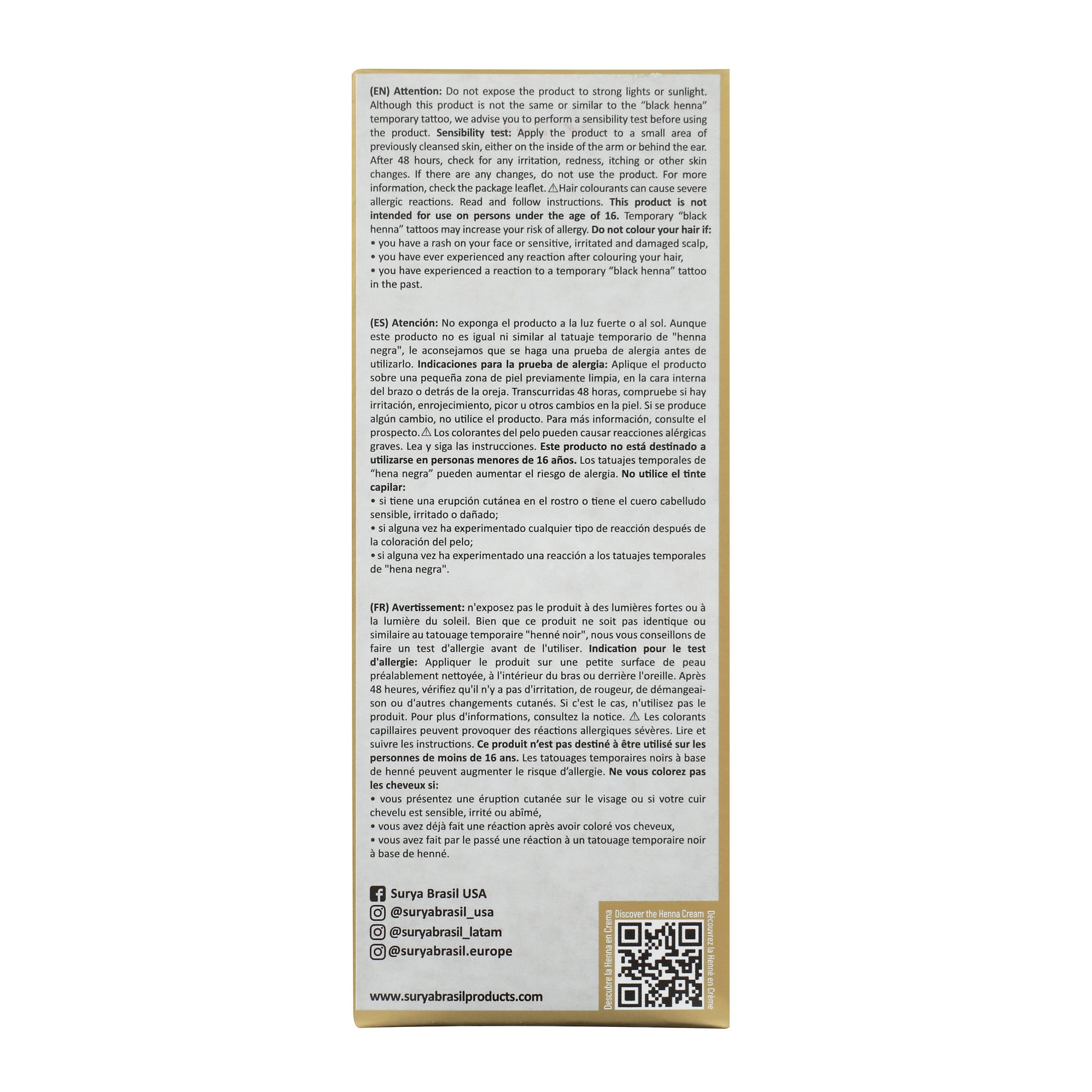 Henna Cream Dark Brown back panel with multi-language instructions and warnings, brand social-media handles, website, QR code, and product details emphasizing natural ingredients and eco-friendly benefits.