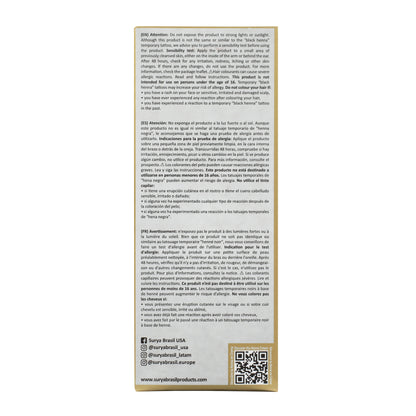 Henna Cream Dark Brown back panel with multi-language instructions and warnings, brand social-media handles, website, QR code, and product details emphasizing natural ingredients and eco-friendly benefits.