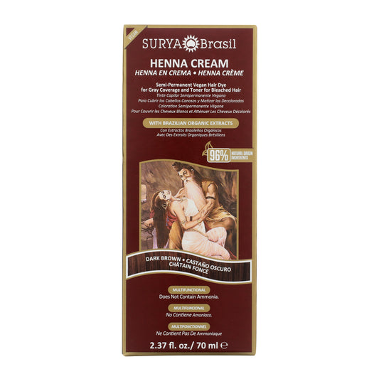 Front view of Surya Brasil Henna Cream Dark Brown box, highlighting vegan, ammonia-free formula with Brazilian organic extracts for vibrant, semi-permanent color and deep hair nourishment.