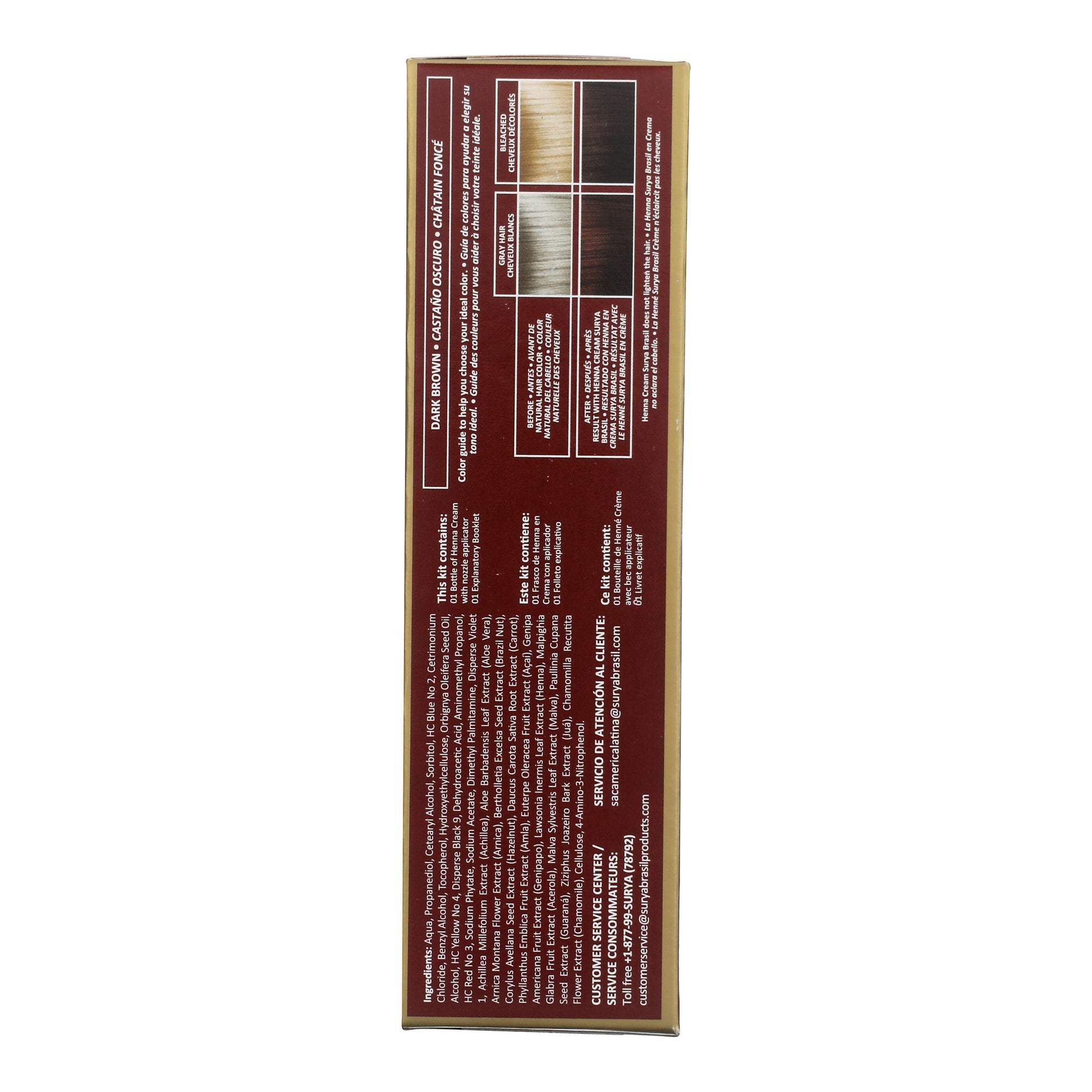 Henna Cream Dark Brown hair-color kit side panel showing color label, swatch chart, kit contents, ingredient list, and contact info for Surya Brasil.