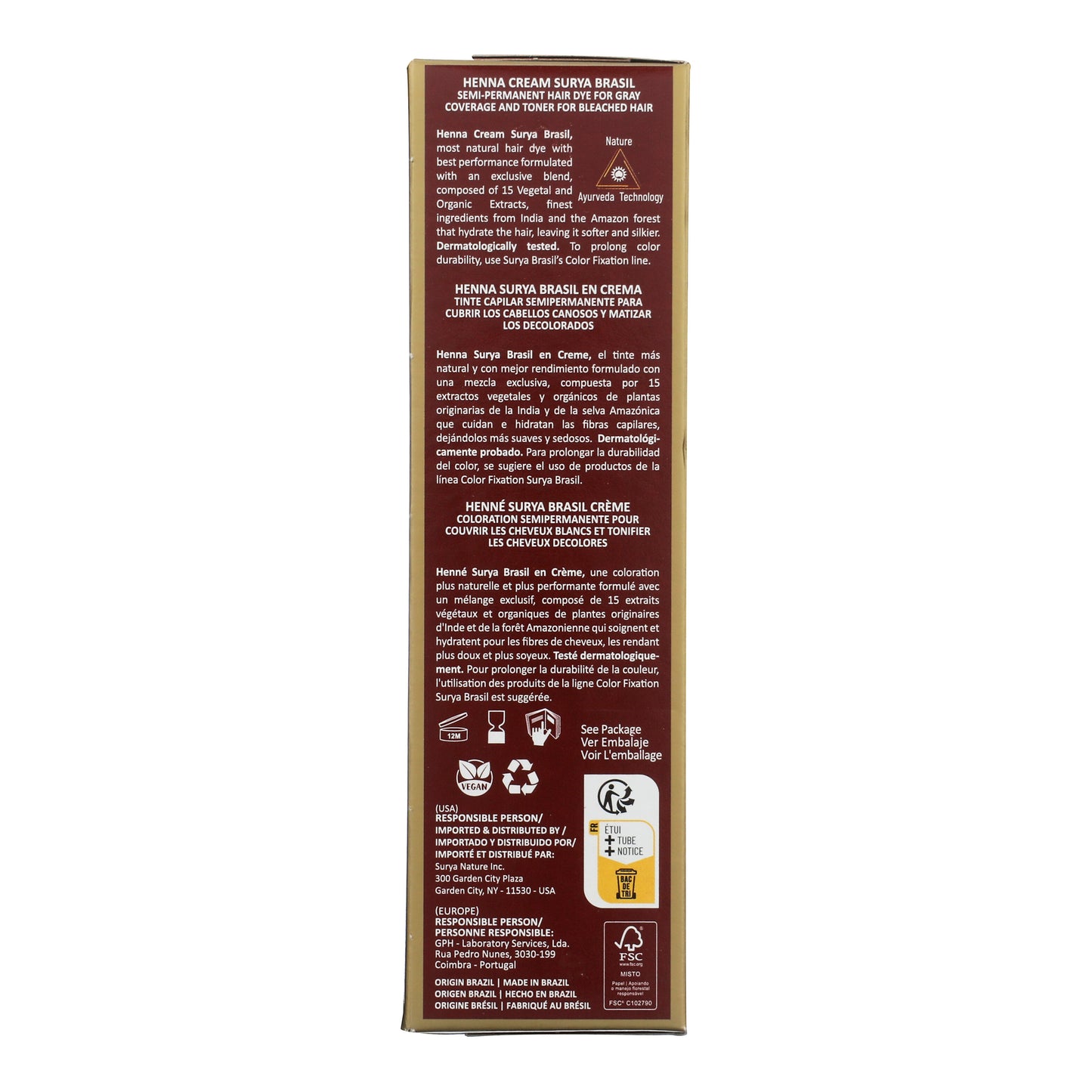 Back panel of Henna Cream Dark Brown box, displaying multilingual product descriptions, natural formulation details, usage icons, distributor contacts, and certifications. Made in Brazil. 