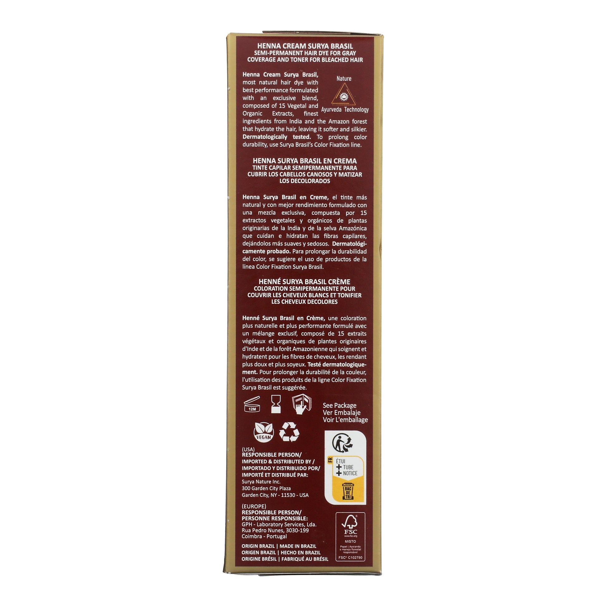 Back panel of Henna Cream Dark Brown box, displaying multilingual product descriptions, natural formulation details, usage icons, distributor contacts, and certifications. Made in Brazil. 