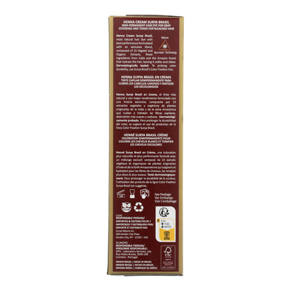 Back panel of Henna Cream Dark Brown box, displaying multilingual product descriptions, natural formulation details, usage icons, distributor contacts, and certifications. Made in Brazil. 