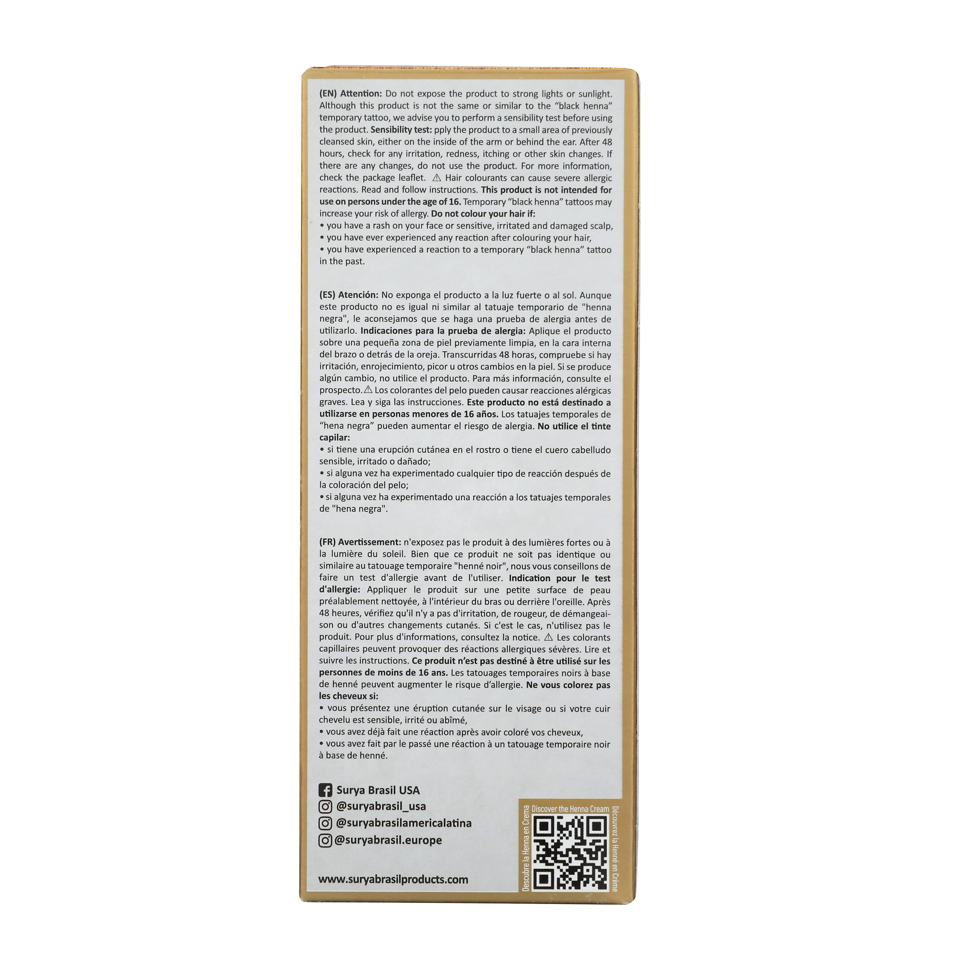 Back panel of Surya Brasil Henna Cream Golden Blonde box, featuring multi-language safety instructions, social media handles, QR code, and product benefits emphasizing natural ingredients and eco-friendliness.