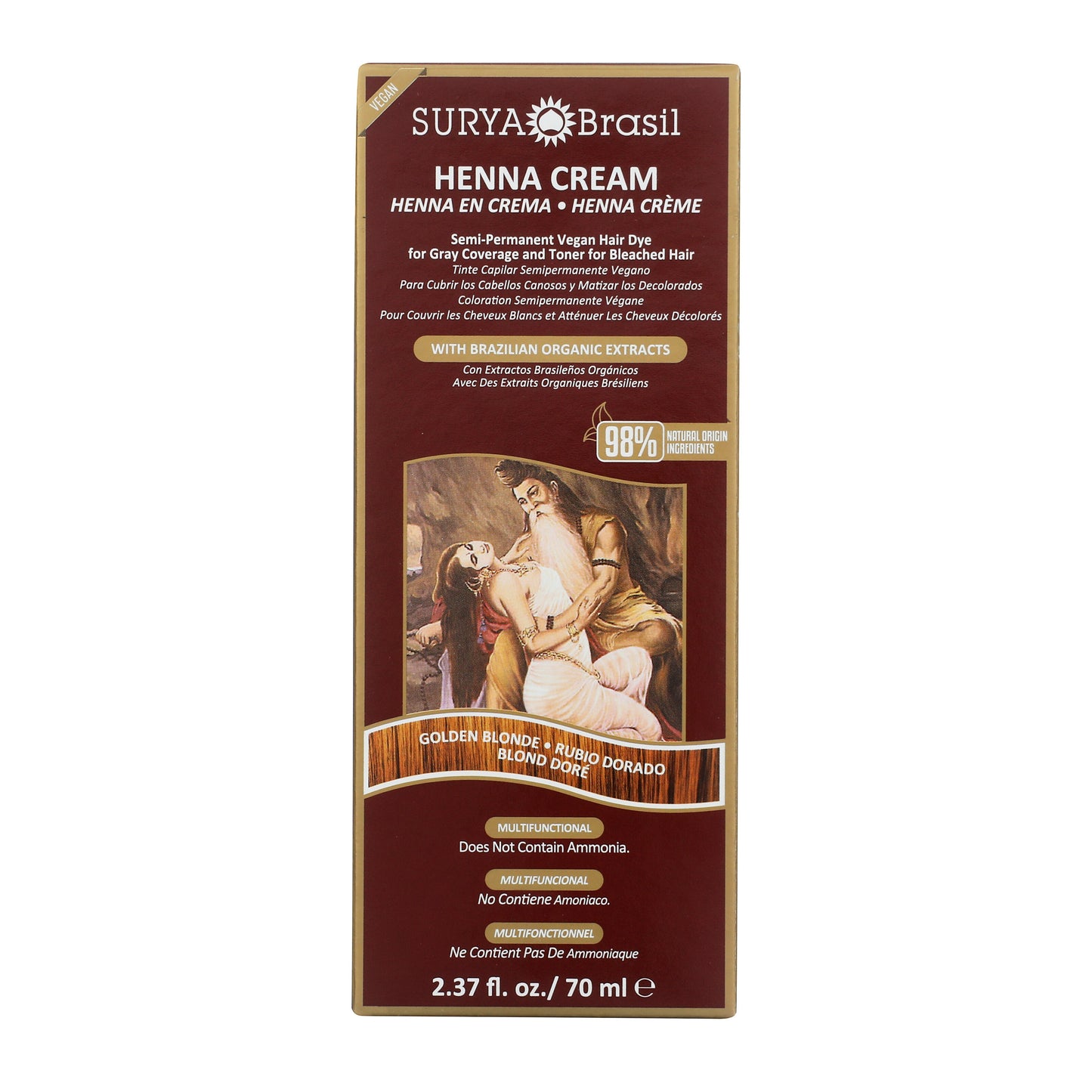 Henna Cream Golden Blonde box, showcasing a 70 ml vegan, semi-permanent hair dye with Brazilian organic extracts for gray coverage and toning bleached hair.
