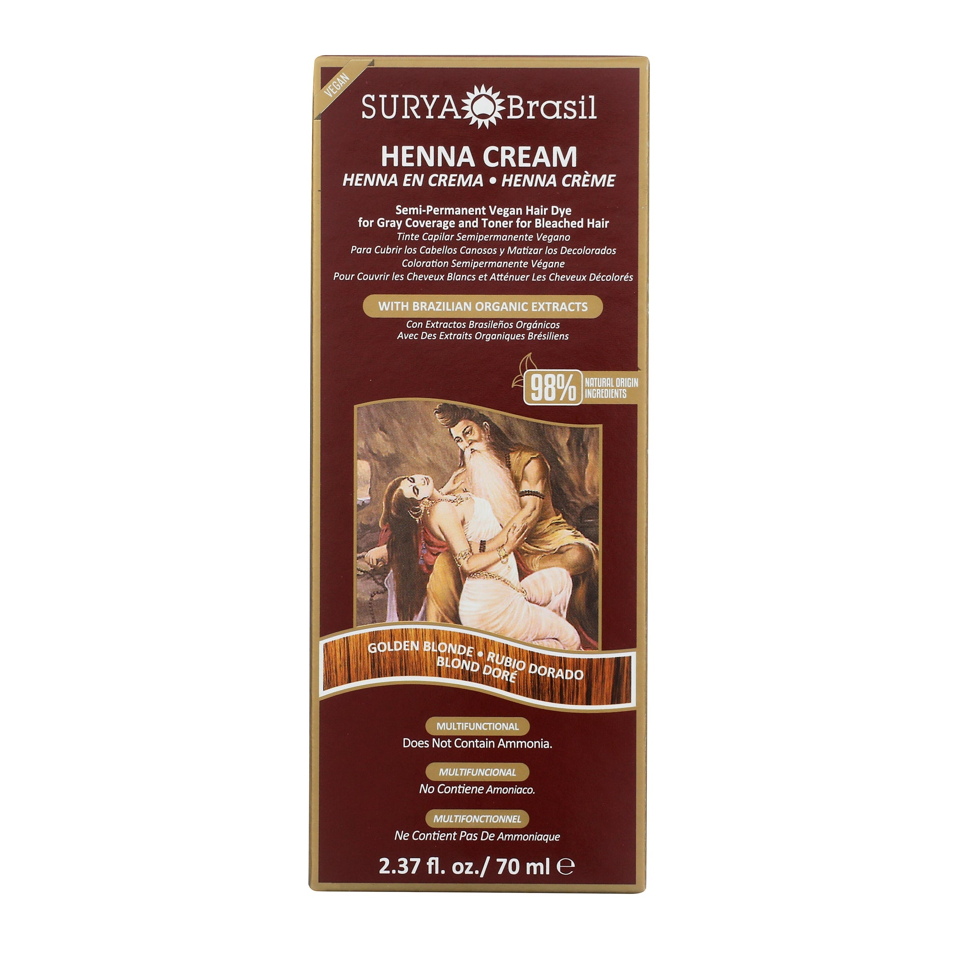 Henna Cream Golden Blonde box, showcasing a 70 ml vegan, semi-permanent hair dye with Brazilian organic extracts for gray coverage and toning bleached hair.