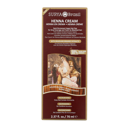 Henna Cream Golden Blonde box, showcasing a 70 ml vegan, semi-permanent hair dye with Brazilian organic extracts for gray coverage and toning bleached hair.