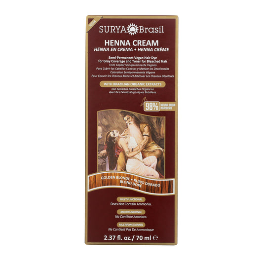 Henna Cream Golden Blonde box, showcasing a 70 ml vegan, semi-permanent hair dye with Brazilian organic extracts for gray coverage and toning bleached hair.