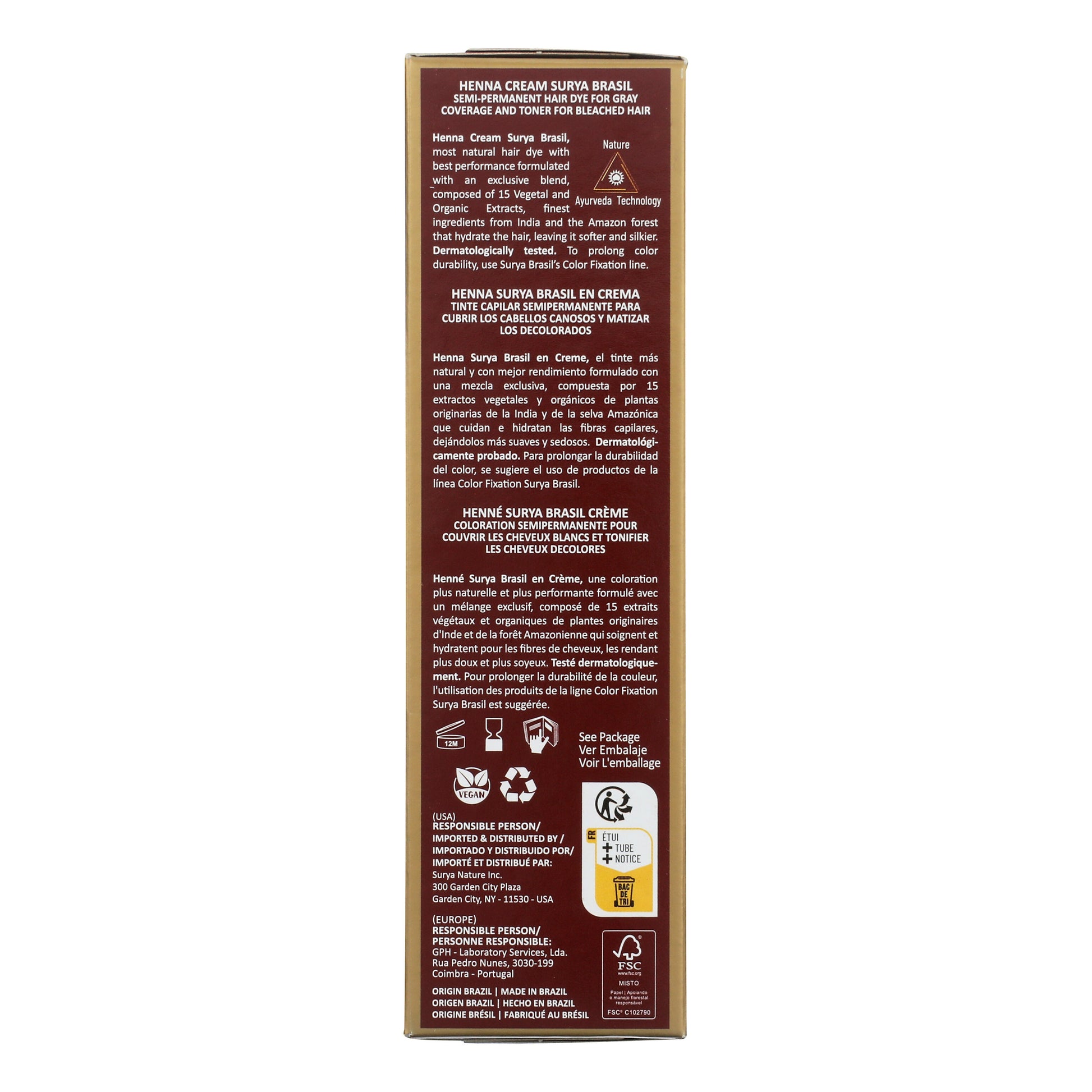 Back panel of Henna Cream Golden Blonde box, detailing botanical extracts, eco-friendly features, dermatological testing, and usage instructions in English, Spanish, and French.