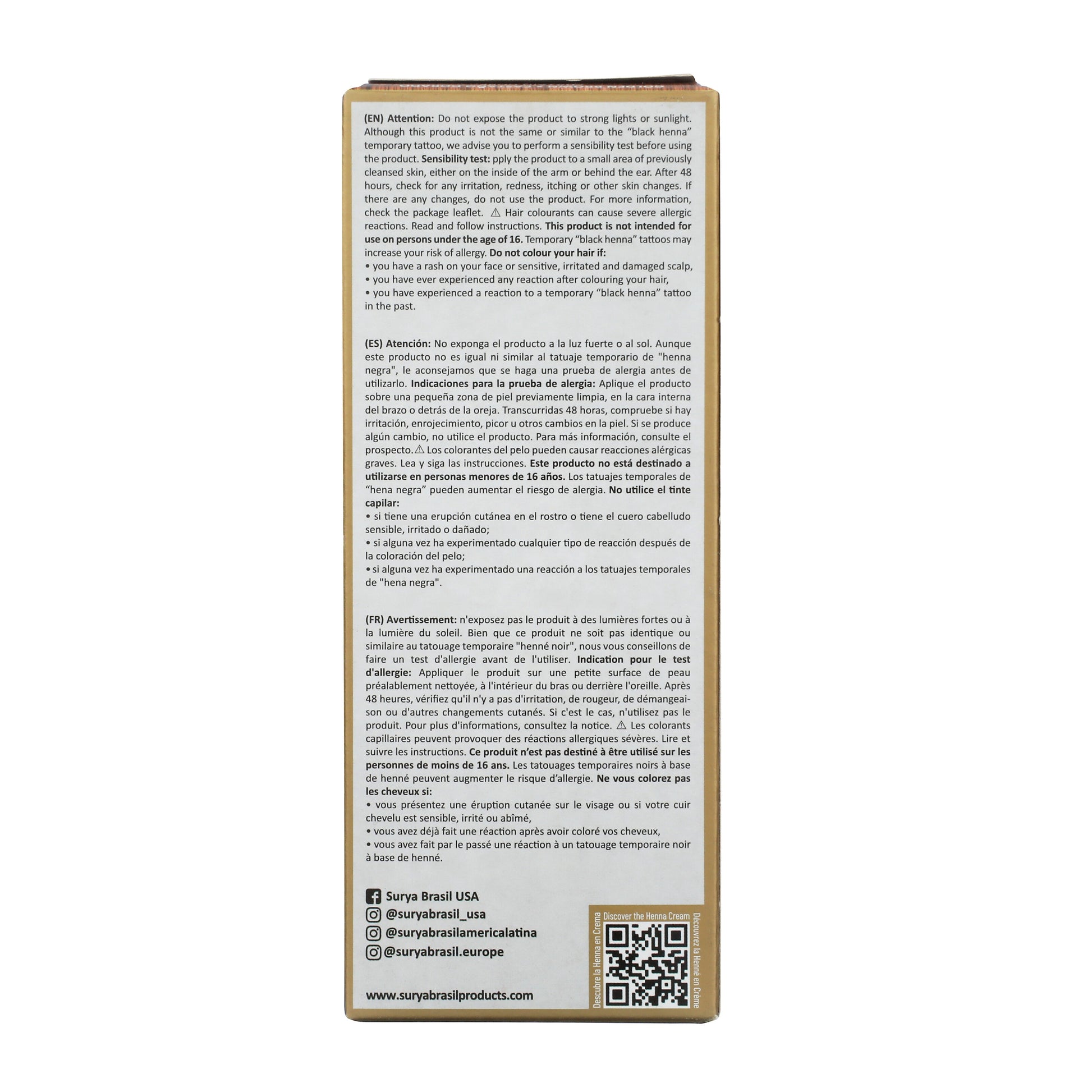 Back panel of Surya Brasil Henna Cream Golden Brown kit showing safety warnings in three languages, social media handles, website, and a QR code for more details.