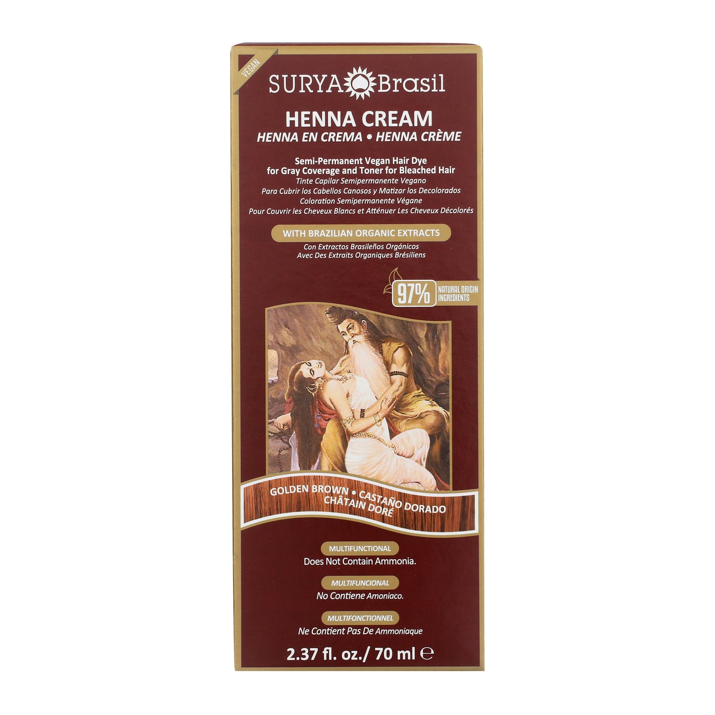 Front view of SURYA Brasil Henna Cream Golden Brown box, highlighting its semi-permanent, vegan, ammonia-free formula for natural gray coverage and nourishing hair care.