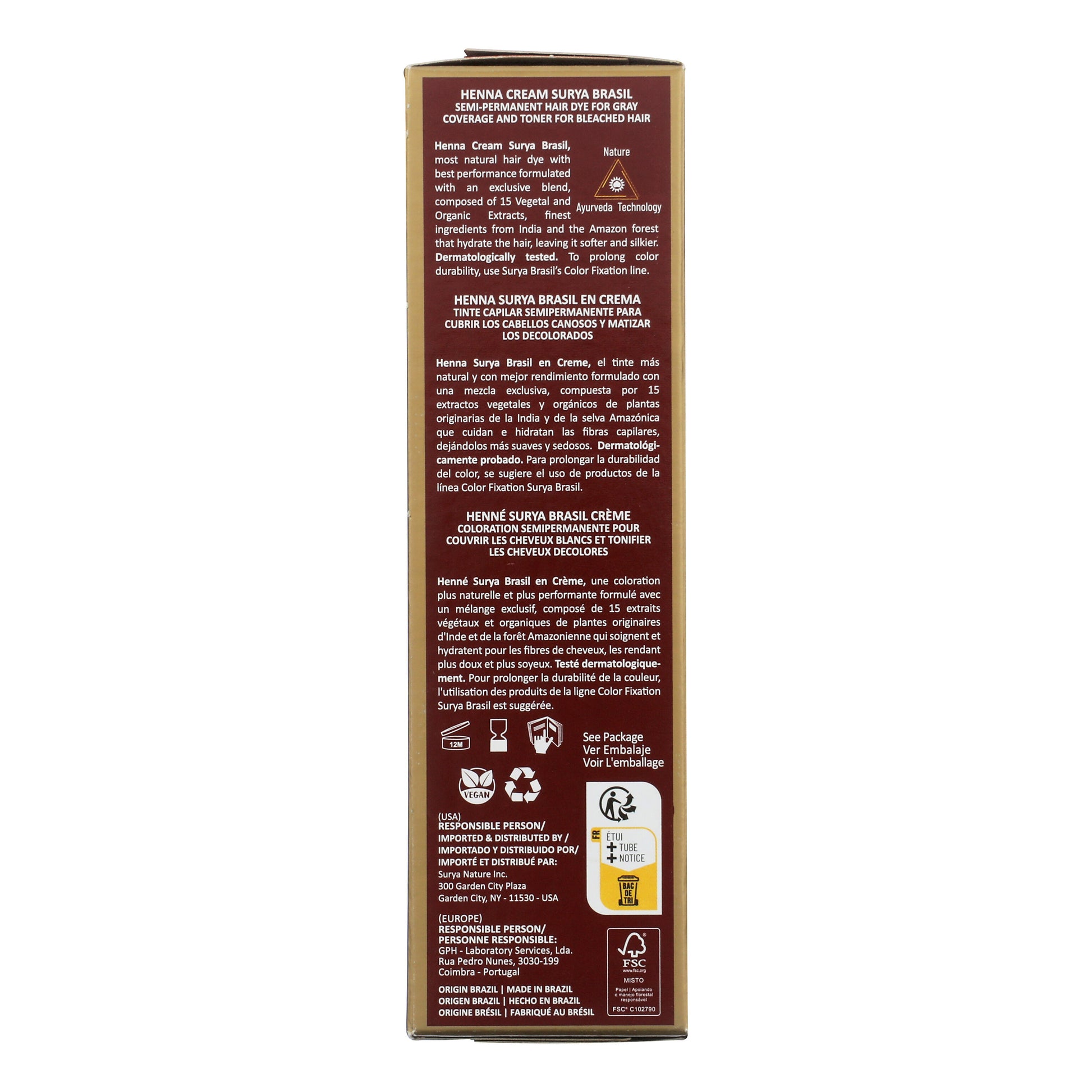 Henna Cream Golden Brown box back panel showing vegan, recyclable icons, and details of Ayurvedic formula with 15 organic extracts for gray-coverage and toning.