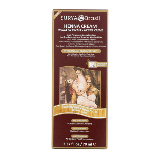 Surya Brasil Henna Cream Light Blonde retail box, semi-permanent vegan hair dye with Brazilian organic extracts, 98% natural ingredients, ammonia-free, 2.37 fl oz.