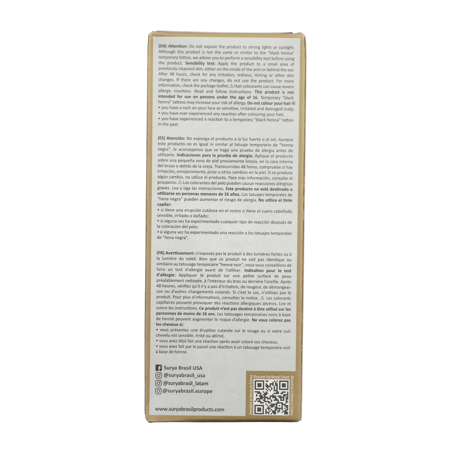 Surya Brasil Henna Cream Light Brown box back with safety warnings, instructions, social media, QR code, and natural hair color benefits.