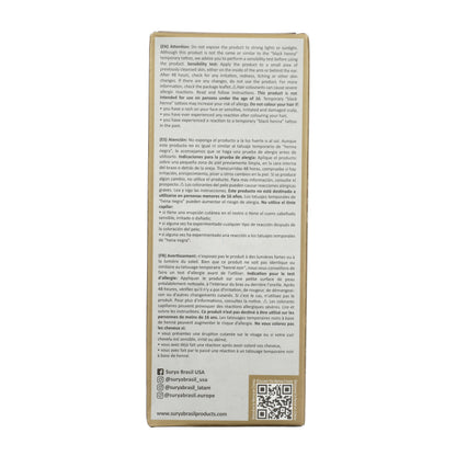 Surya Brasil Henna Cream Light Brown box back with safety warnings, instructions, social media, QR code, and natural hair color benefits.