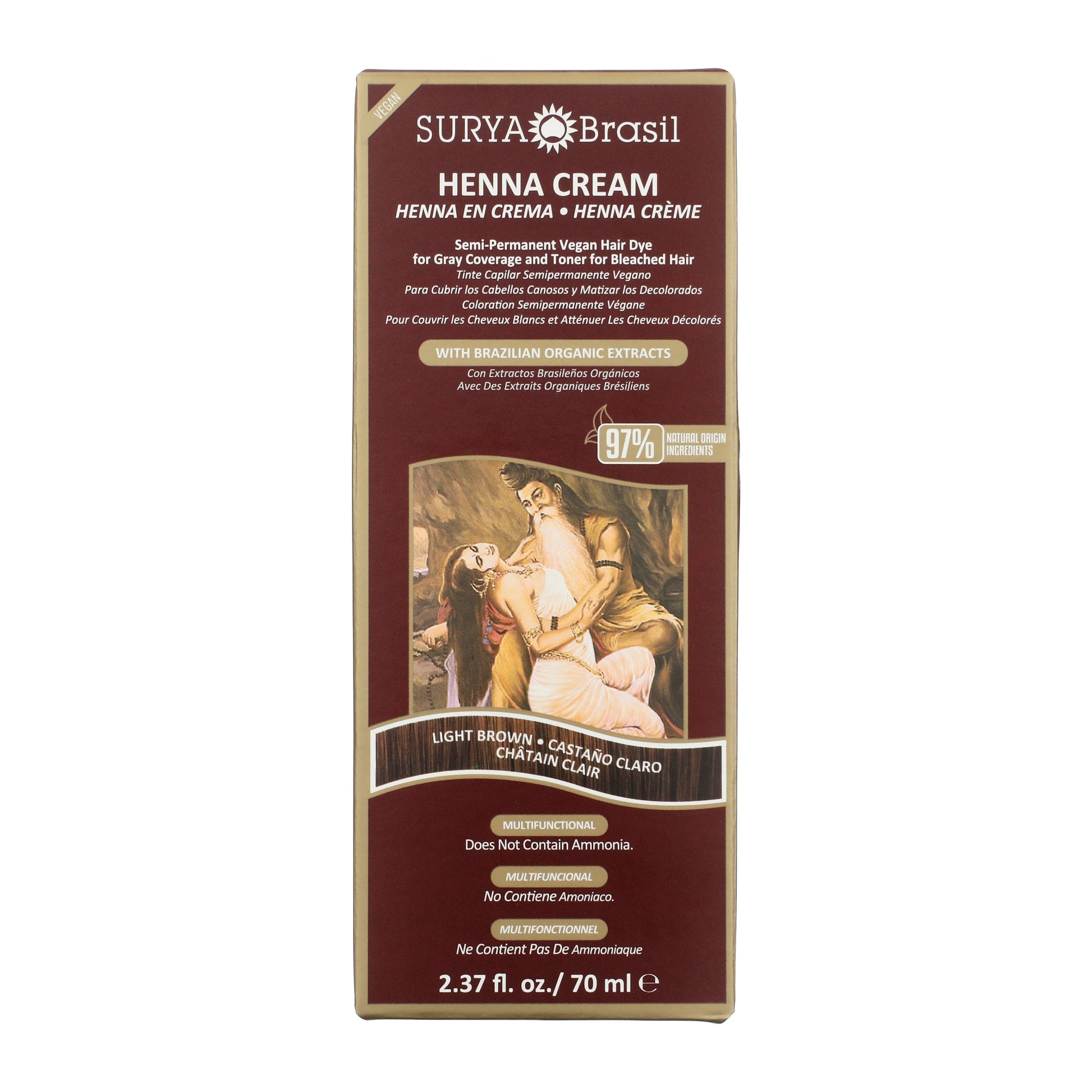 Surya Brasil Henna Cream Light Brown box front, 2.37 fl. oz. tube, highlights 97% natural ingredients, Brazilian extracts, ammonia-free; ideal for gray coverage and toning bleached hair.
