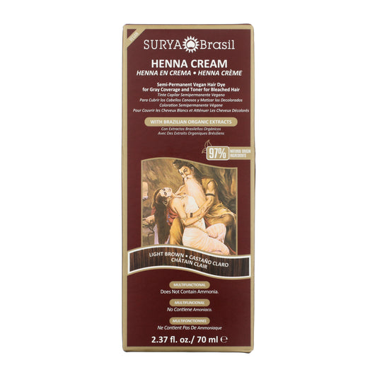 Surya Brasil Henna Cream Light Brown box front, 2.37 fl. oz. tube, highlights 97% natural ingredients, Brazilian extracts, ammonia-free; ideal for gray coverage and toning bleached hair.