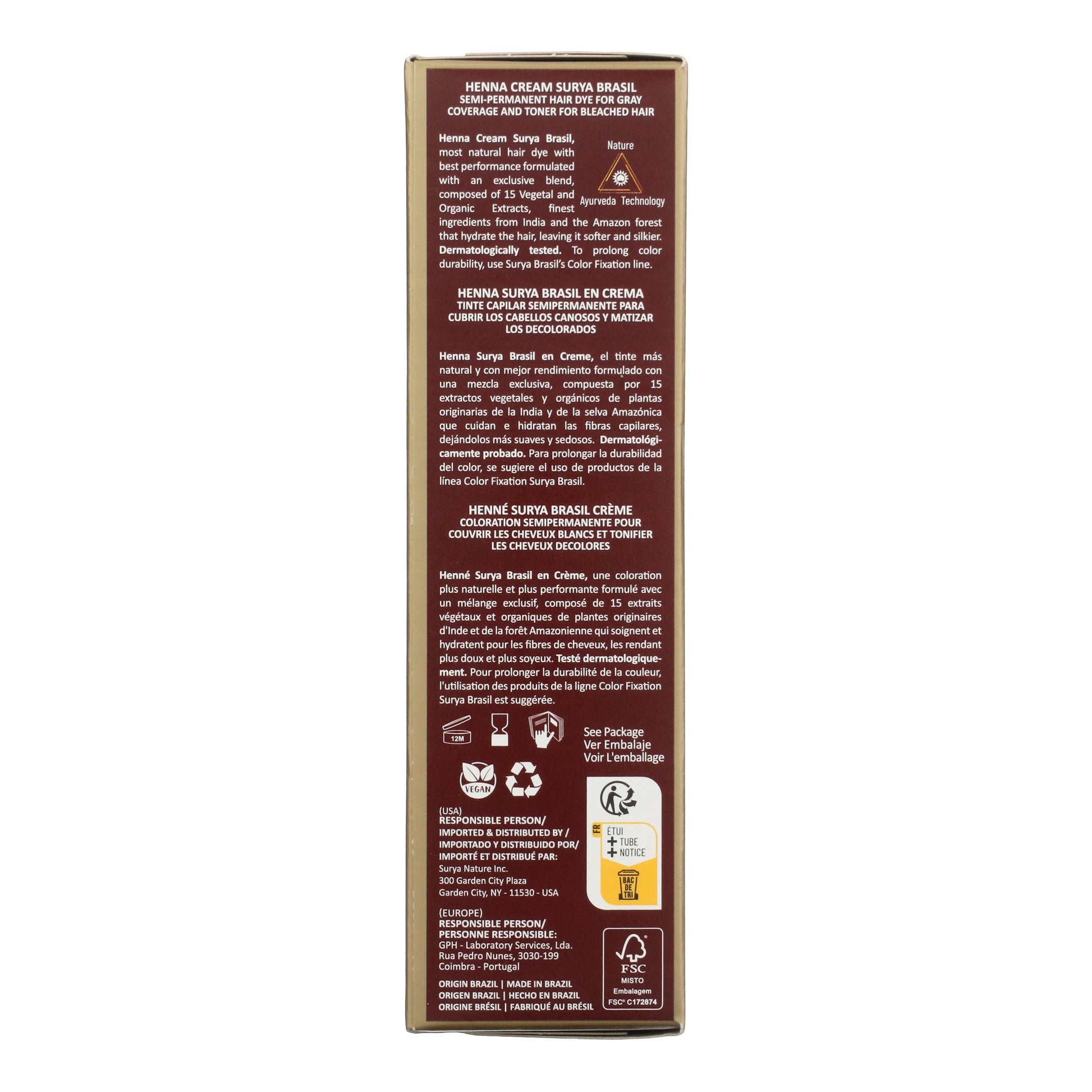 Back panel of Henna Cream Light Brown box, highlighting its Ayurvedic formula with 15 plant extracts, vegan certification, and instructions for color longevity. Made in Brazil.