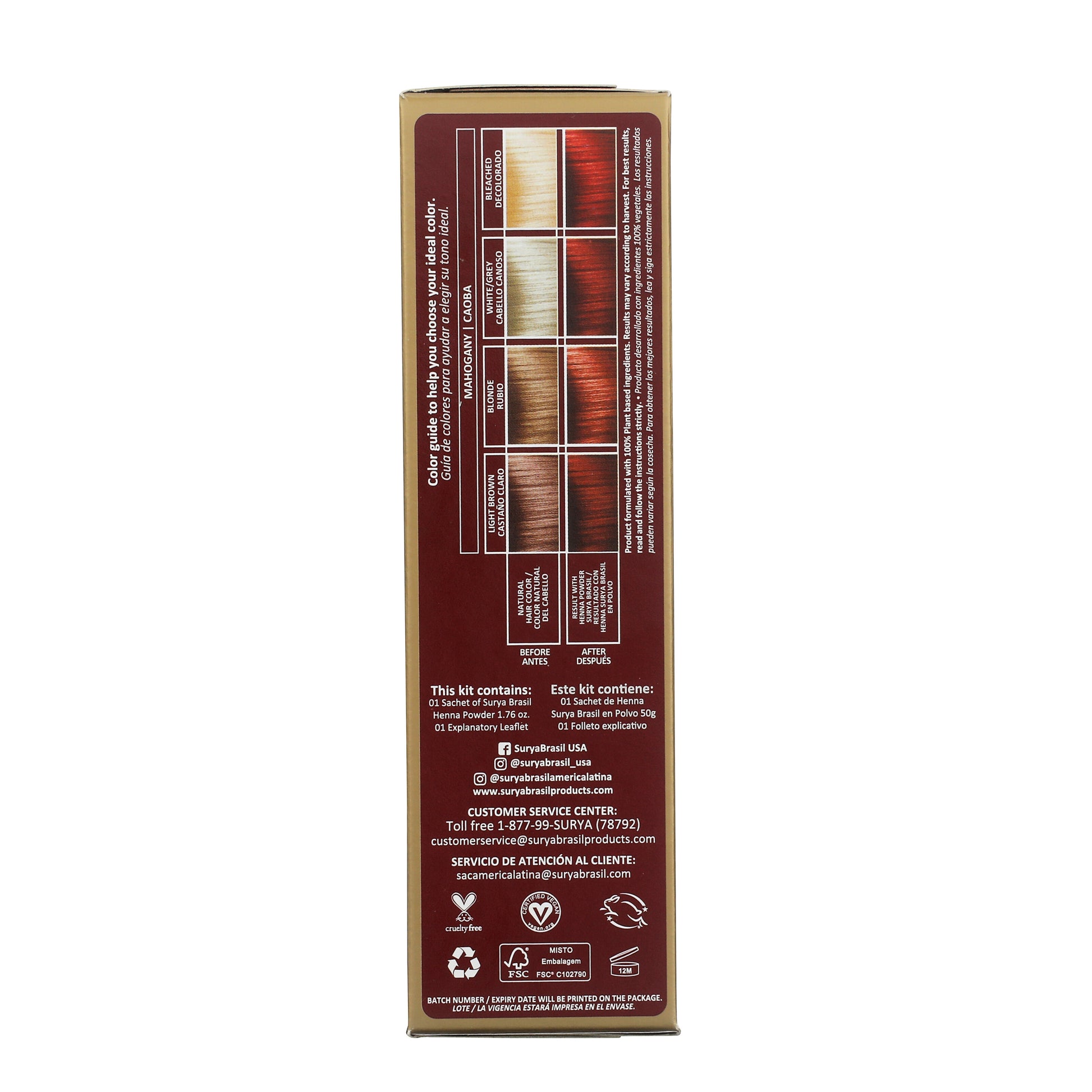 Surya Brasil Henna Powder Mahogany box back shows a color-guide chart, kit contents, contact info, certifications, and product details highlighting natural, vegan, and eco-friendly features.